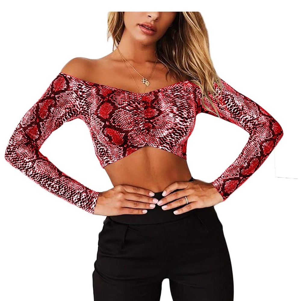 Red Snake Skin Off The Shoulder Crop Top